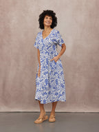 Fern Relaxed Dress - Blue & White Leaf Print
