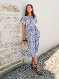 Fern Relaxed Dress - Blue & White Leaf Print