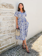 Fern Relaxed Dress - Blue & White Leaf Print