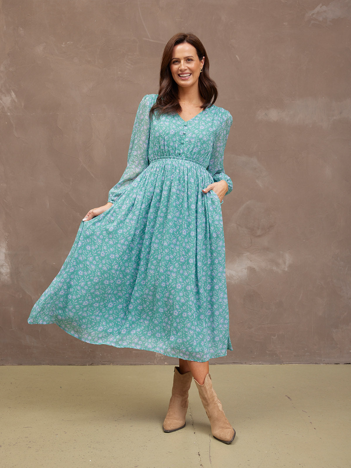 Isla Georgette Dress - Green Floral