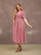 Maddie Short Sleeve Dress - Maroon Leaf Print