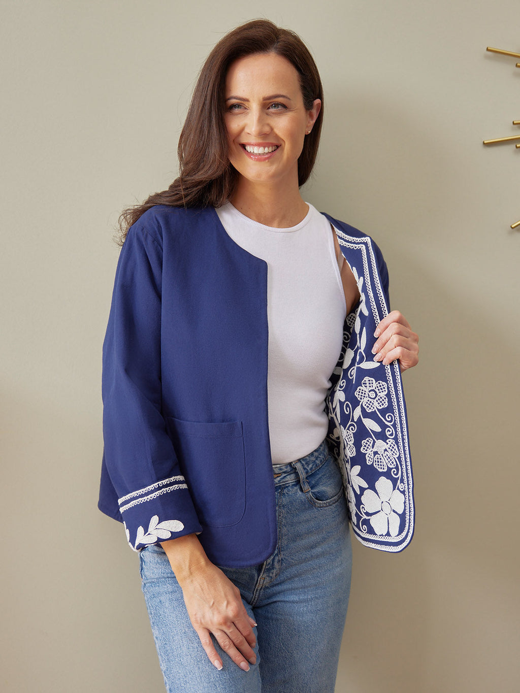 Elaine Embroidered Jacket - Reversible Navy