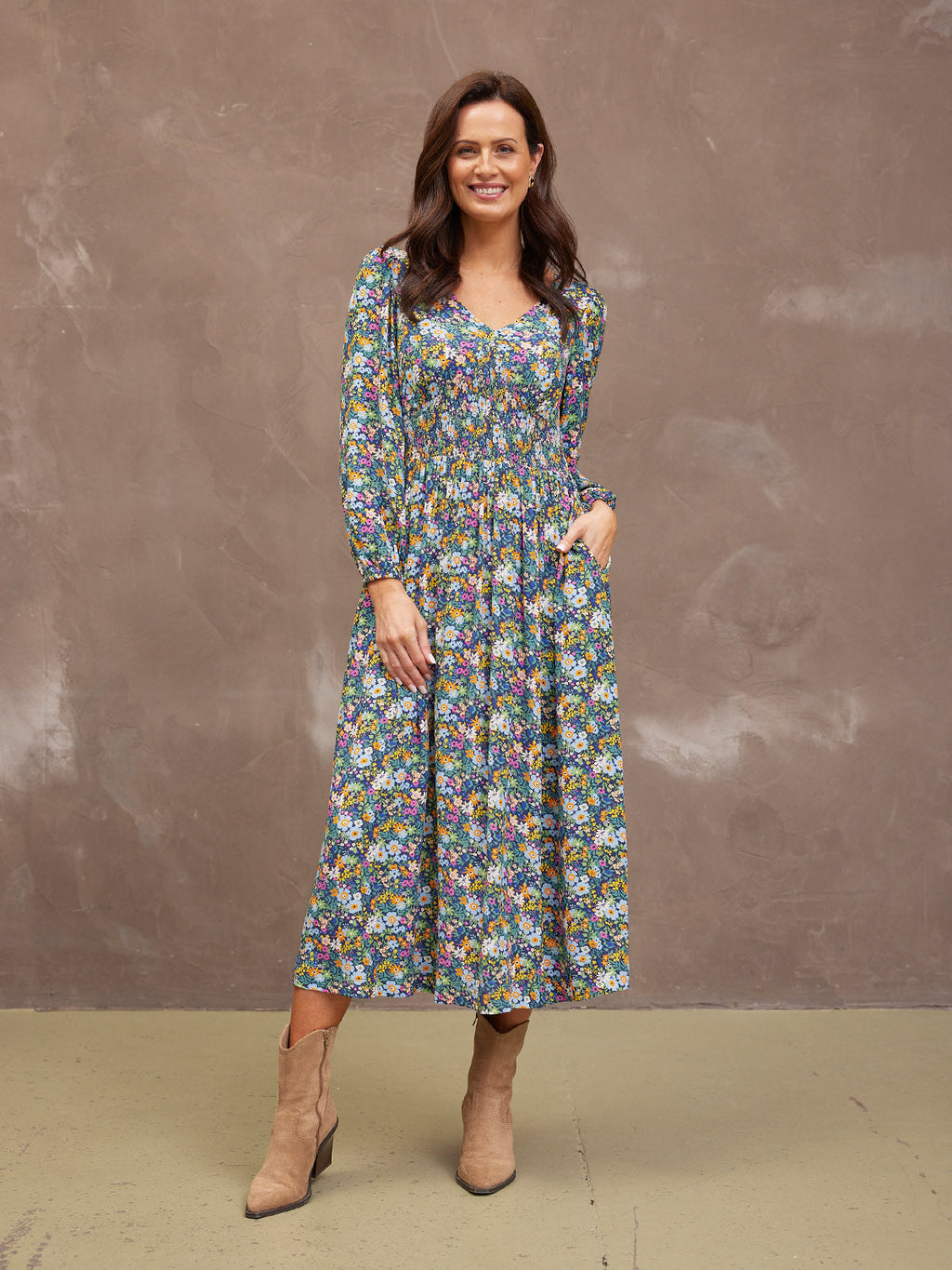 Maddie V-Neck Dress - Multi Coloured Floral