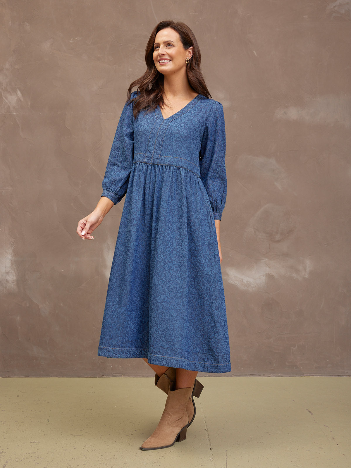 Jessica V-Neck Denim Dress - Printed Paisley