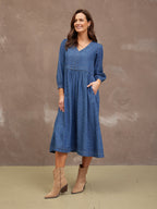 Jessica V-Neck Denim Dress - Printed Paisley