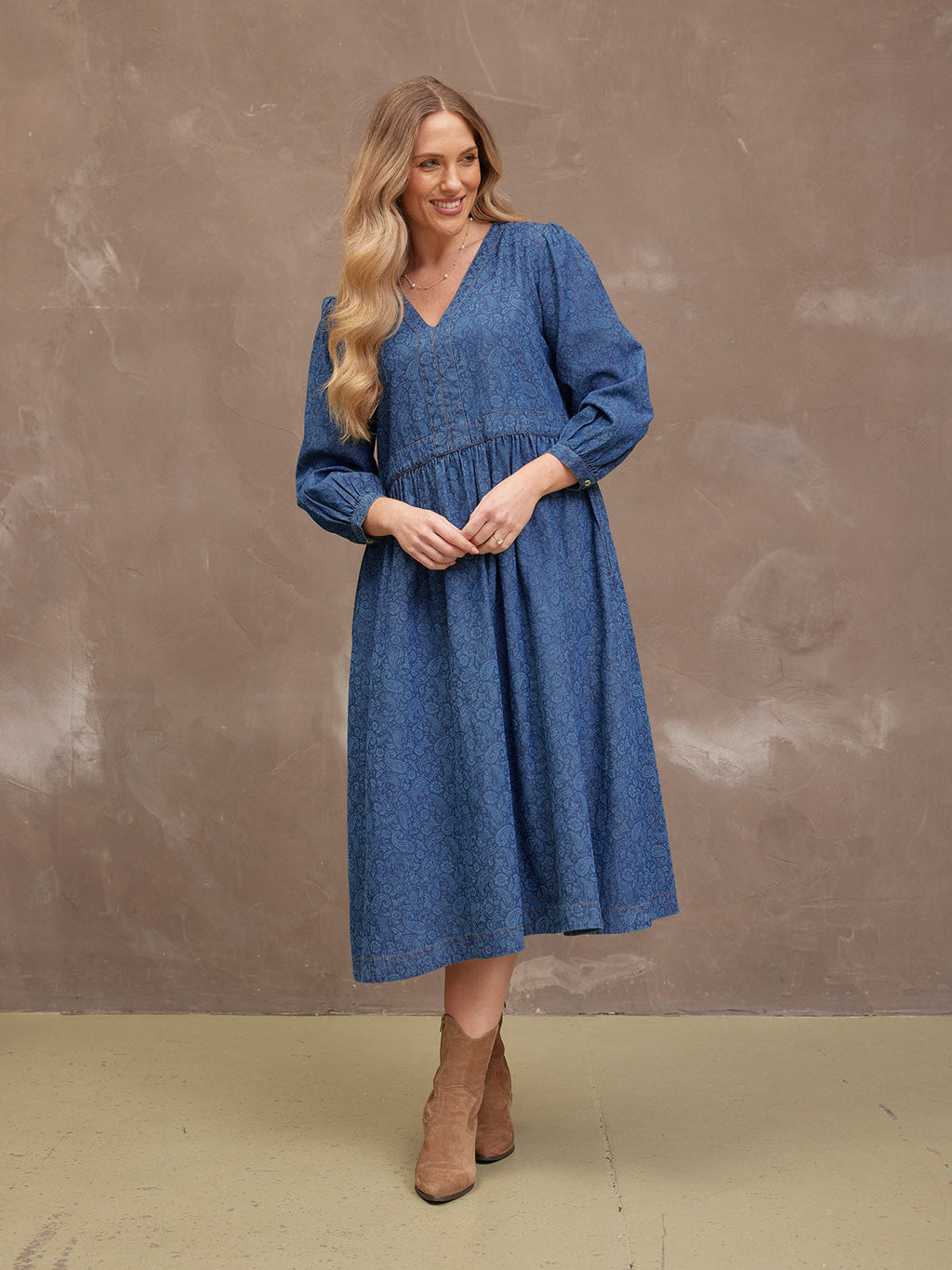 Jessica V-Neck Denim Dress - Printed Paisley