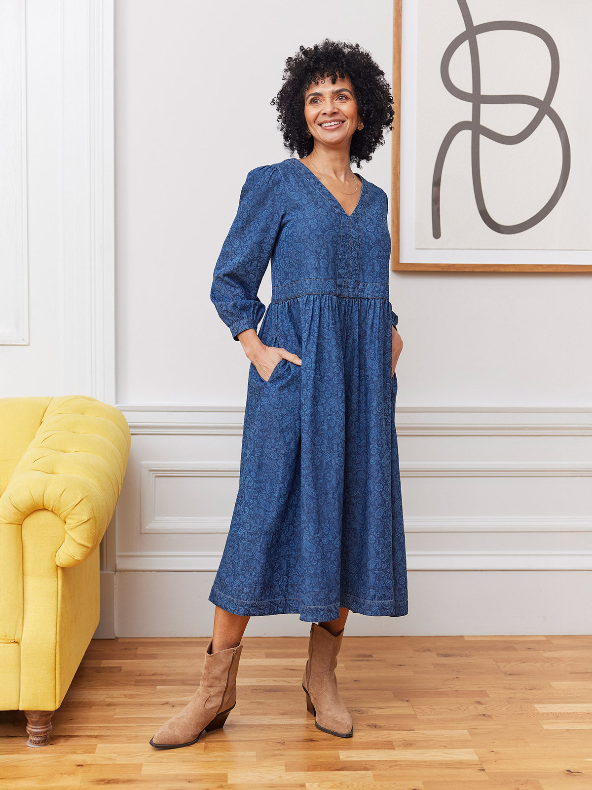 Jessica V-Neck Denim Dress - Printed Paisley