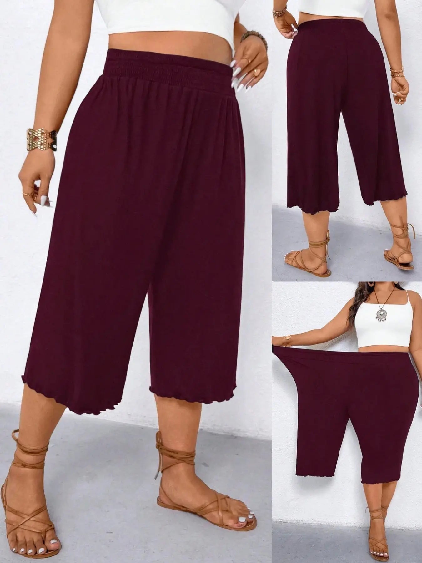 Women's Plus Size Wide Leg Capri Pants Scalloped Hem Culottes Smocked Elastic High Waist Cropped Trousers Casual Summer Lounge Flowy Trendy