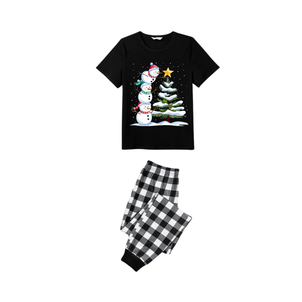 Couple Black and White Plaid Christmas Short Sleeve Pajamas Set with Snowman & Christmas Tree Print