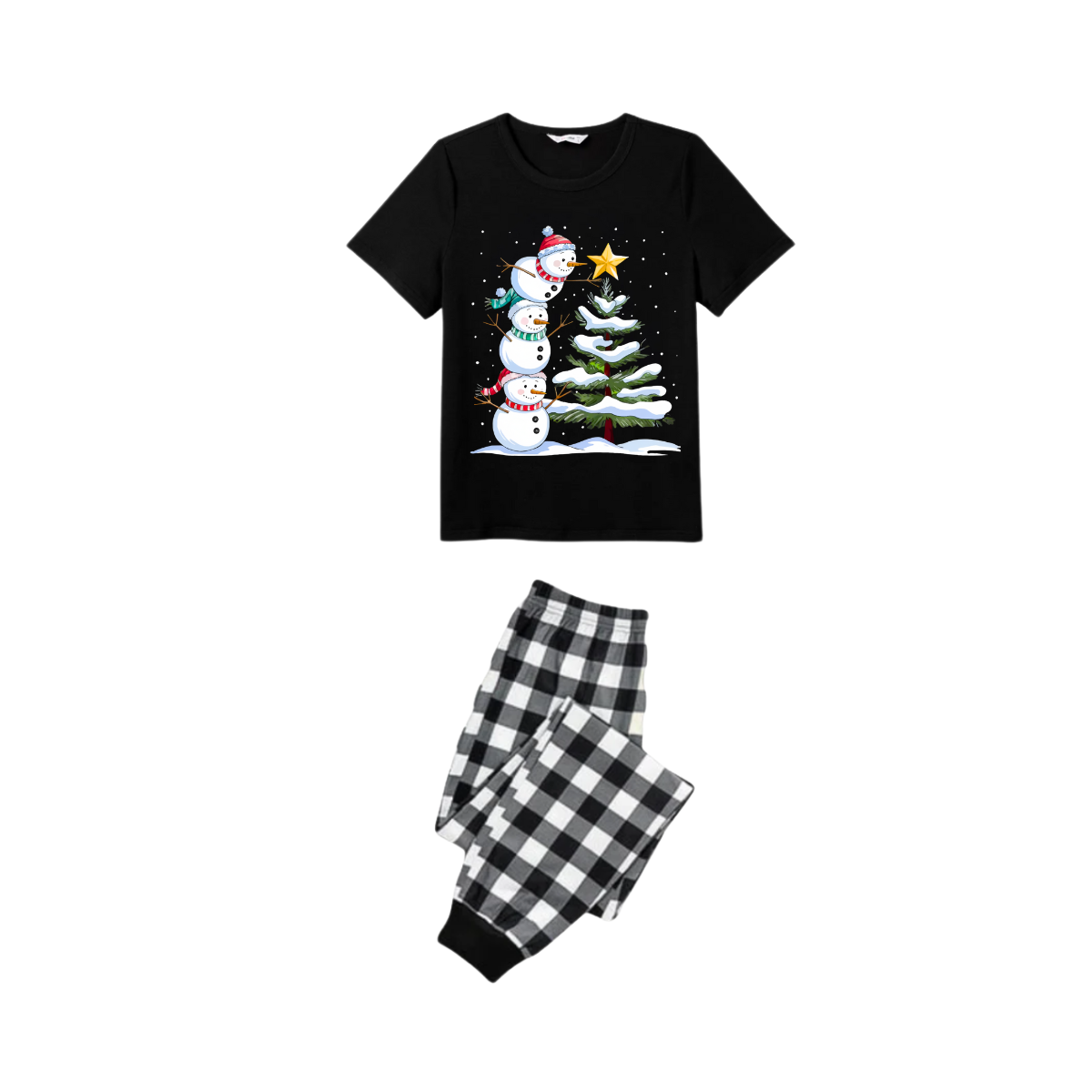 Couple Black and White Plaid Christmas Short Sleeve Pajamas Set with Snowman & Christmas Tree Print