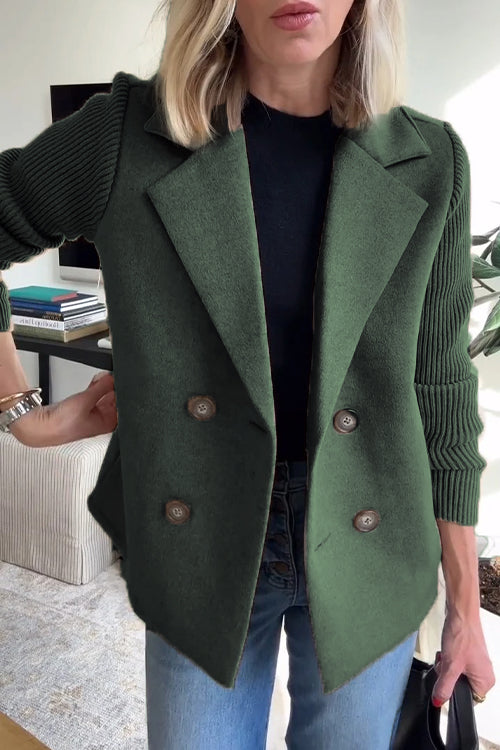 Women's Lapel Button Knitted Sleeve Casual Coat with Two Side Pockets