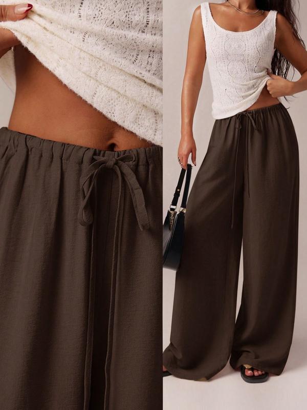 Women's Solid Pocket Pants, Casual Comfy Wide Leg Trousers for Beach Vacation Holiday, Ladies Bottoms for All Seasons