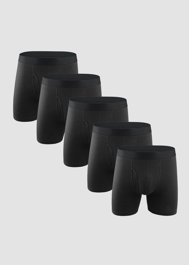 Men's Cotton Long Leg Boxer Briefs with Fly - 5 Pack