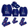 We Wish You a Merry Christmas Family Pajamas Set - Blue Top / Santa and Reindeer Print Blue Pants / Matching Blue Sleeves