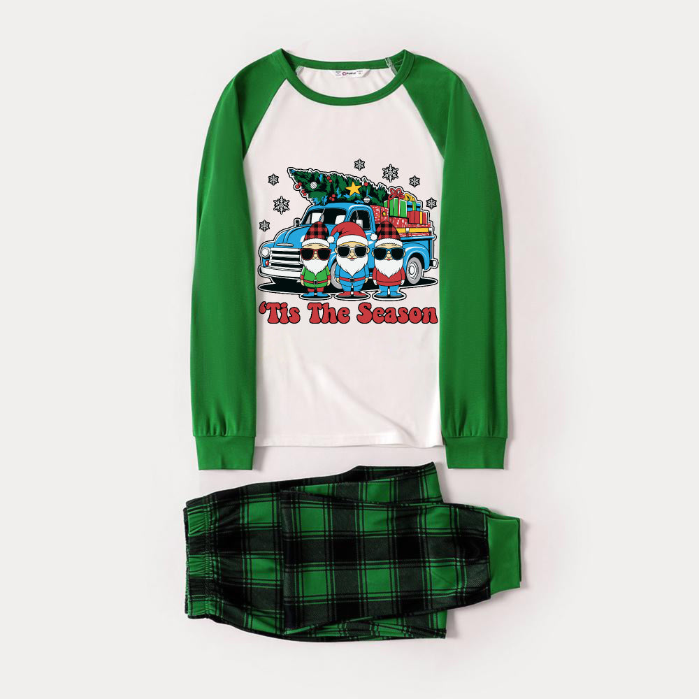 Green Raglan Top Green Plaid Christmas Pajamas Set With Colorful Gnomes and "Tis The Season" Print