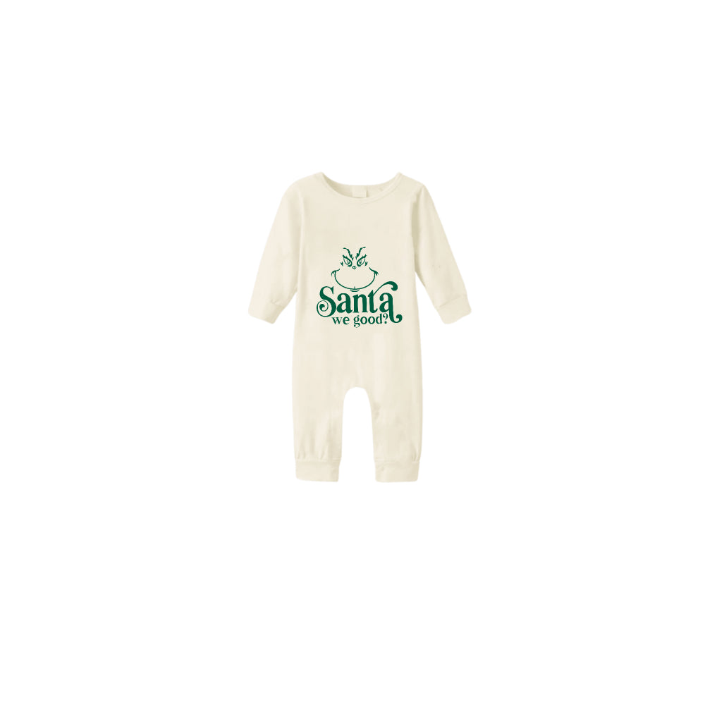 Beige Christmas Pattern Print Christmas Pajamas Set With Grinch Face and Text Print