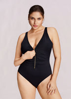Zip-Front Ruched Wide Strap Shaping Swimsuit