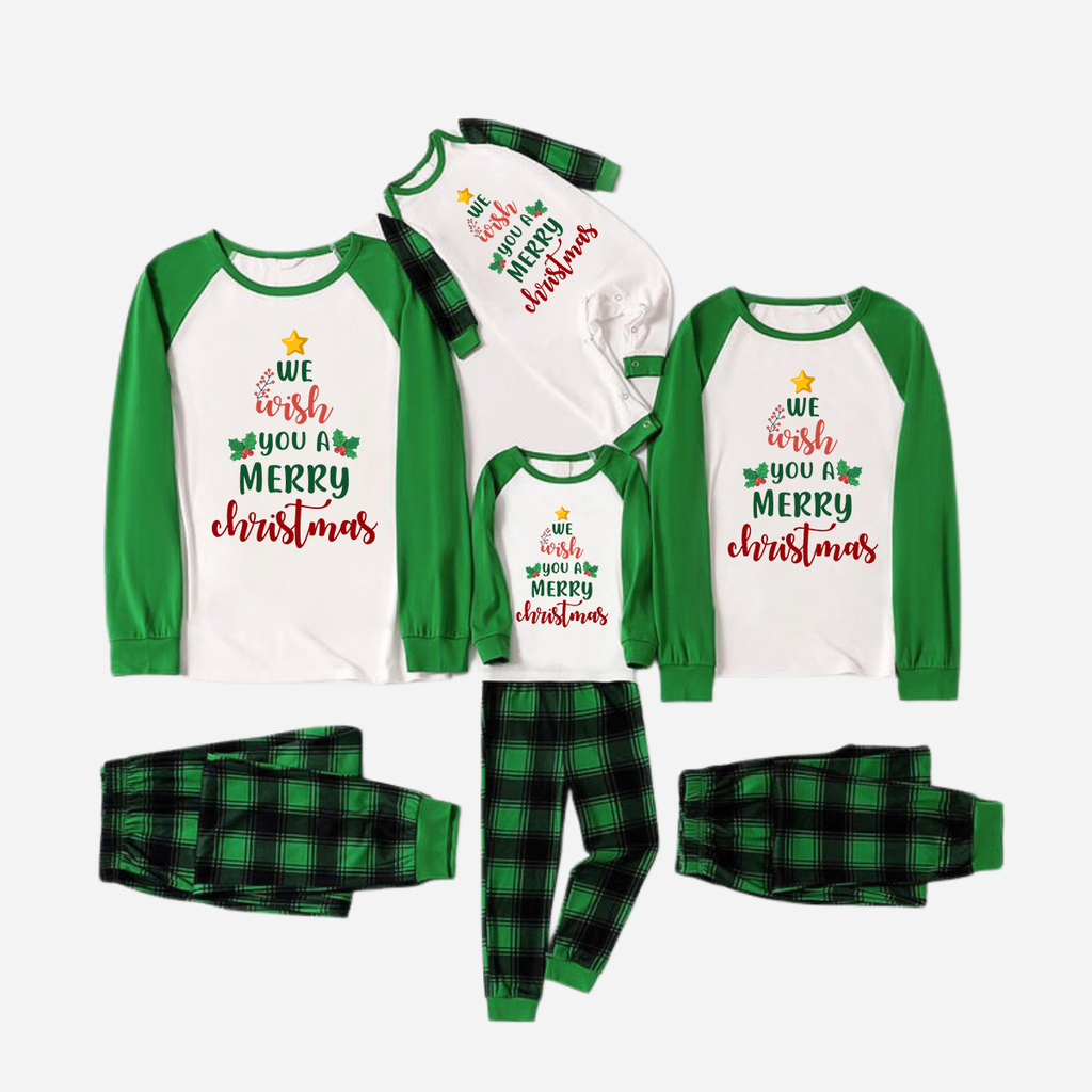 Green Raglan Top Green Plaid Christmas Pajamas Set  With "We Wish You a Merry Christmas" Text Print