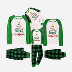 Green Raglan Top Green Plaid Christmas Pajamas Set  With "We Wish You a Merry Christmas" Text Print