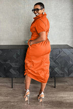 Stand Collar Zipper Drawstring Waist Pocket Midi Dresses-Green