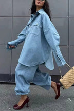Denim Turndown Collar Balloon Sleeve Long Top Pants Casual 2pcs Set-Blue