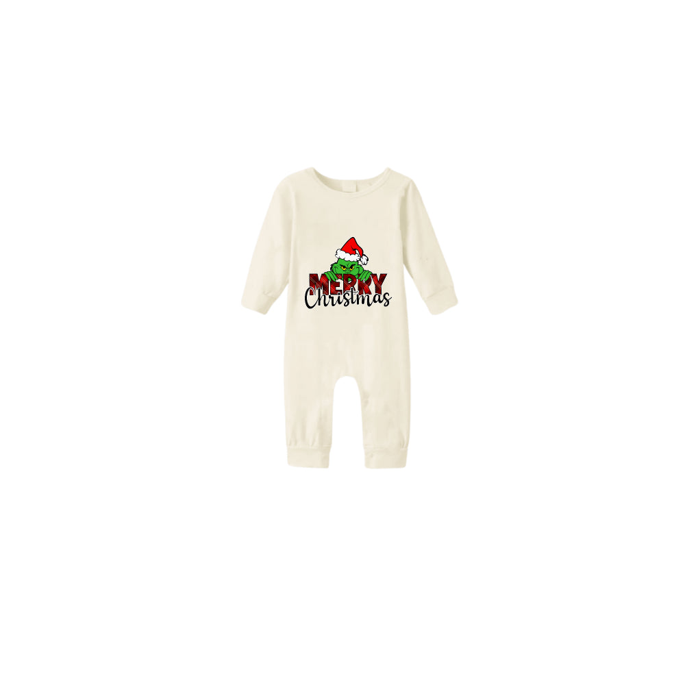 Beige Christmas Pattern Print Christmas Pajamas Set With Grinch and Merry Christmas Print