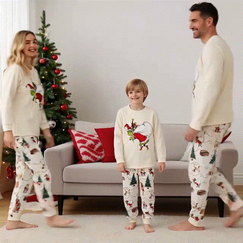 Grinch Family Christmas Pajamas | Cream Matching Holiday Sleepwear Set