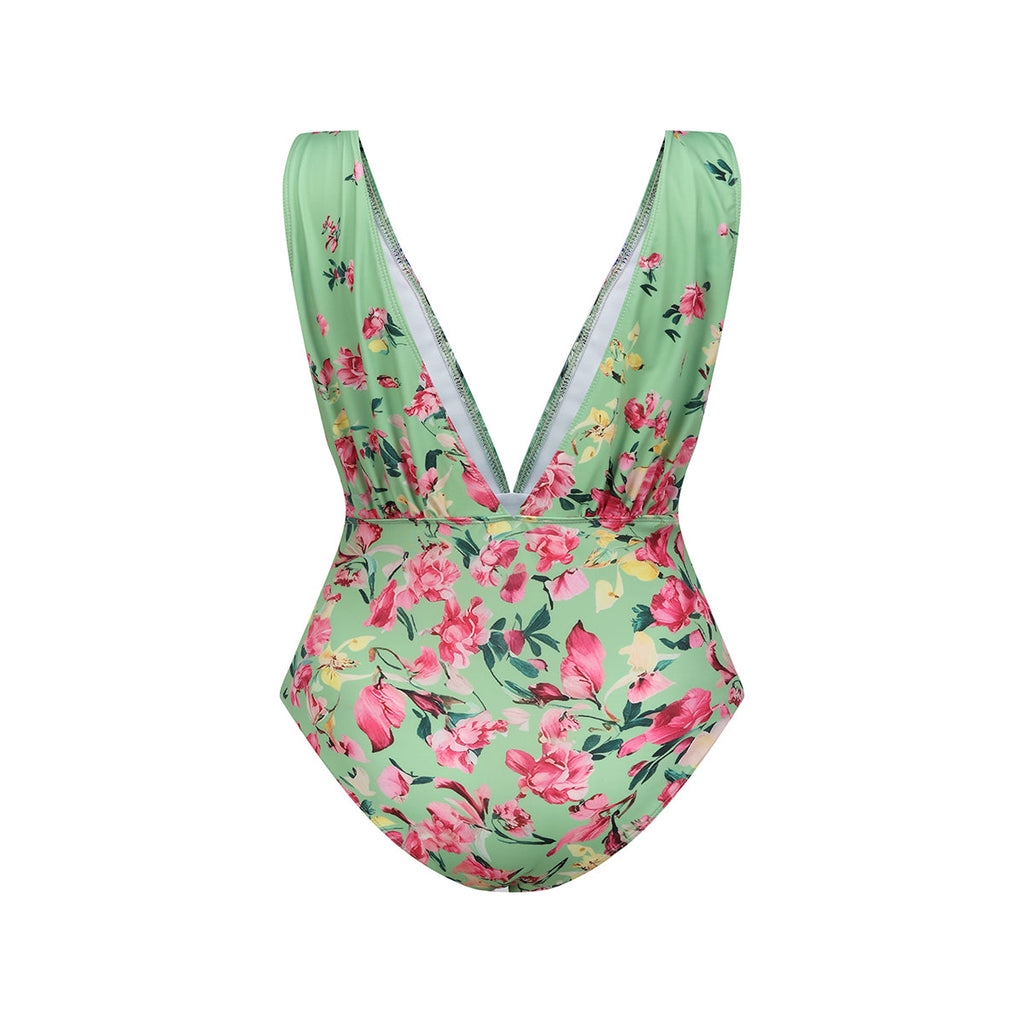 Mint Green & Pink Florals One-Piece Swimsuit&Bikini&Skirt