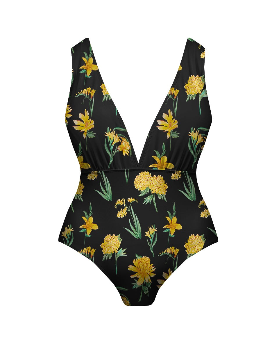 Yellow Floral Print One-Piece Swimsuit&Skirt&Pants