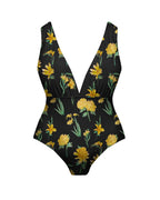 Yellow Floral Print One-Piece Swimsuit&Skirt