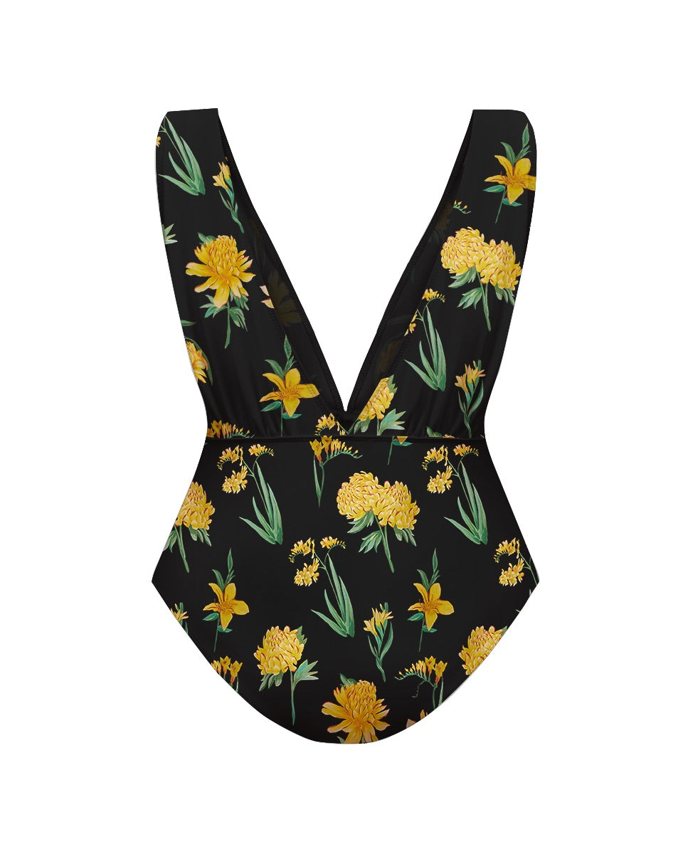 Yellow Floral Print One-Piece Swimsuit&Skirt&Pants
