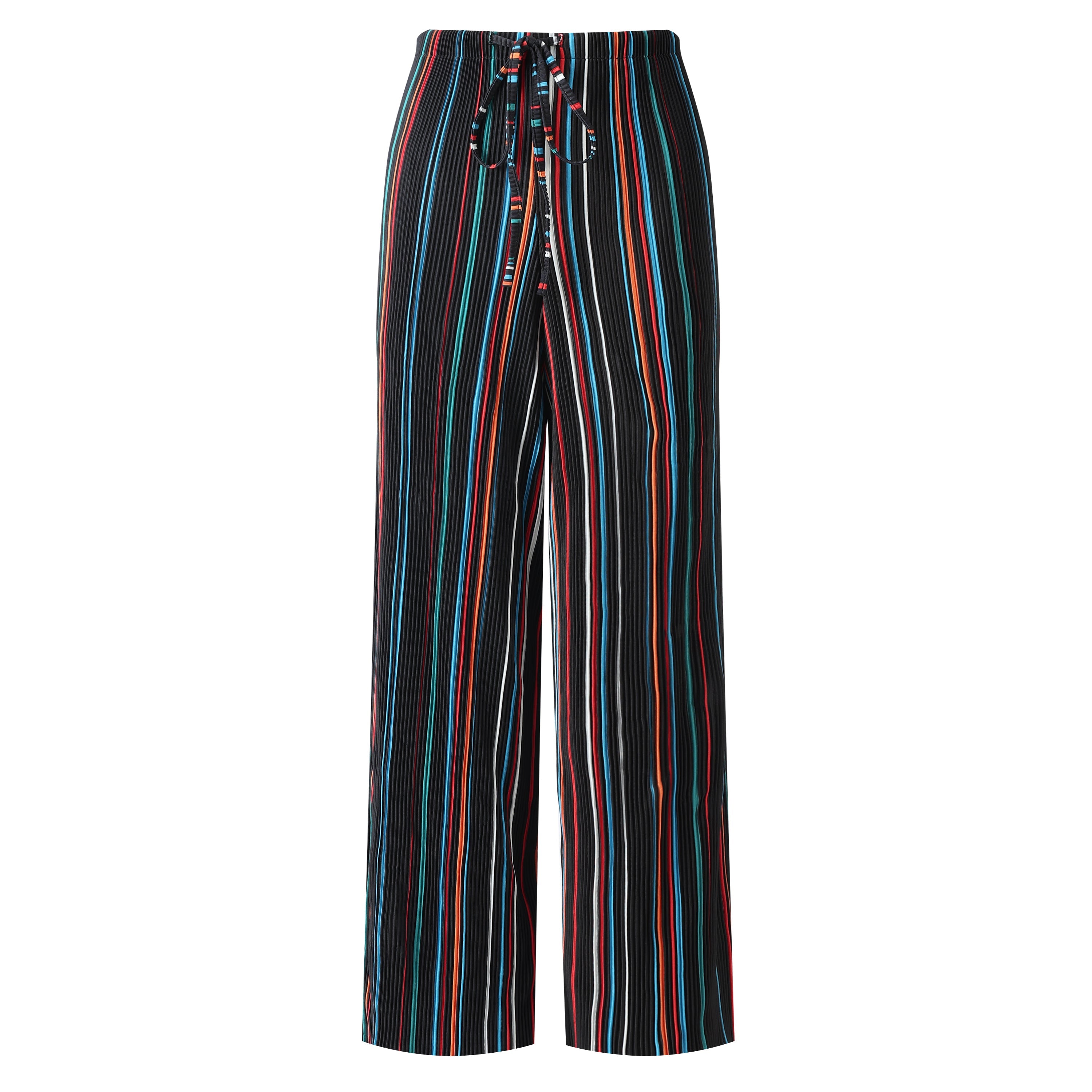 Black Stripe Abstract Print Wide-Leg Drawstring Palazzo Pleated Pants XPLUS(4XL-5XL)