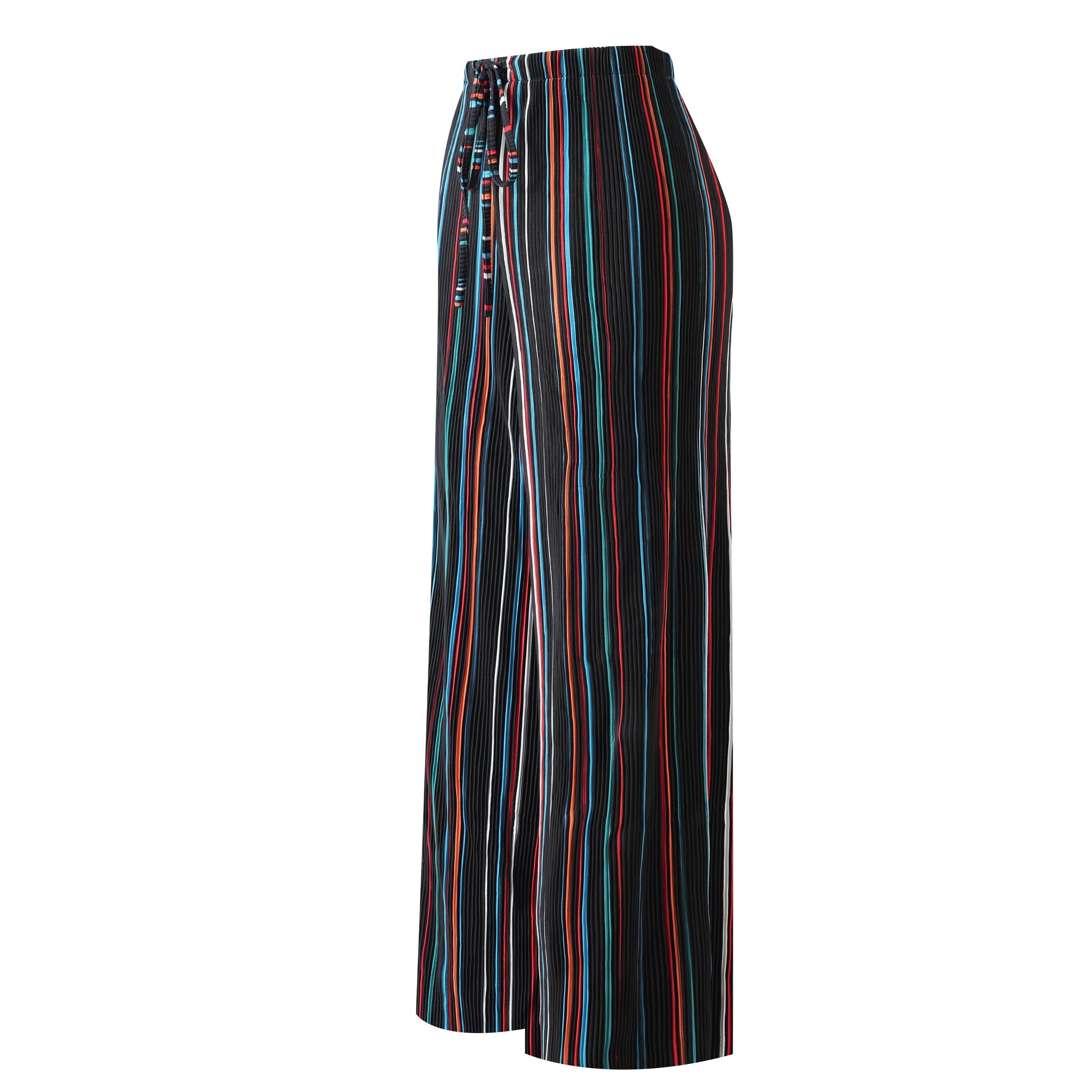 Black Stripe Abstract Print Wide-Leg Drawstring Palazzo Pleated Pants XXPLUS(6XL+)