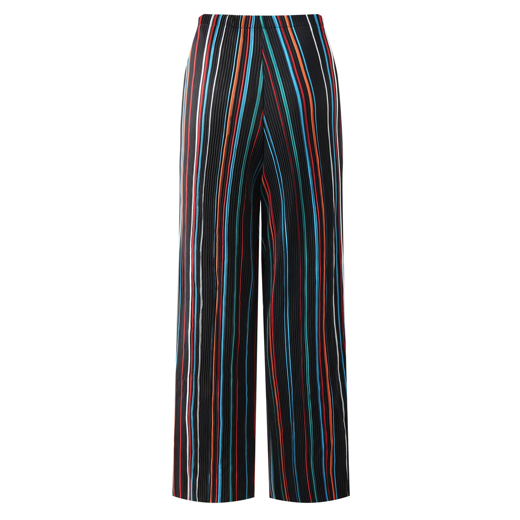 Black Stripe Abstract Print Wide-Leg Drawstring Palazzo Pleated Pants XXPLUS(6XL+)