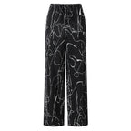 Black Line Art Abstract Print Wide-Leg Drawstring Palazzo Pleated Pants PLUS(2XL-3XL)