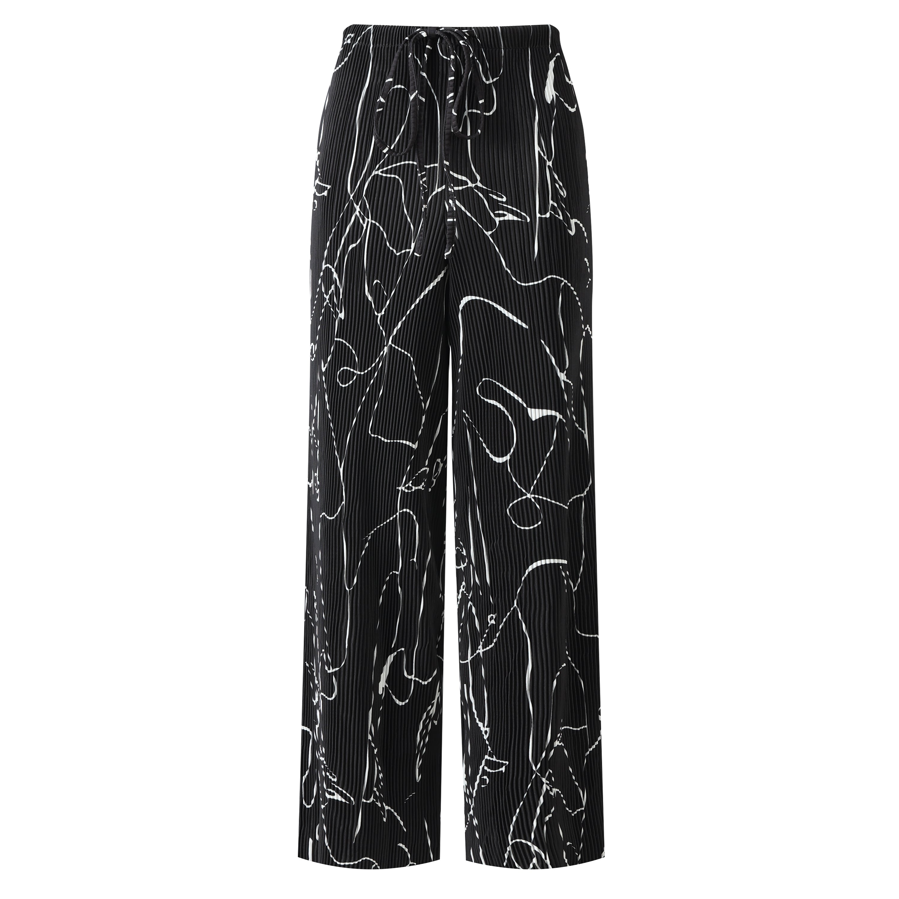 Black Line Art Abstract Print Wide-Leg Drawstring Palazzo Pleated Pants PLUS(2XL-3XL)