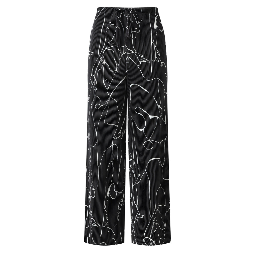 Black Line Art Abstract Print Wide-Leg Drawstring Palazzo Pleated Pants XXPLUS(6XL+)