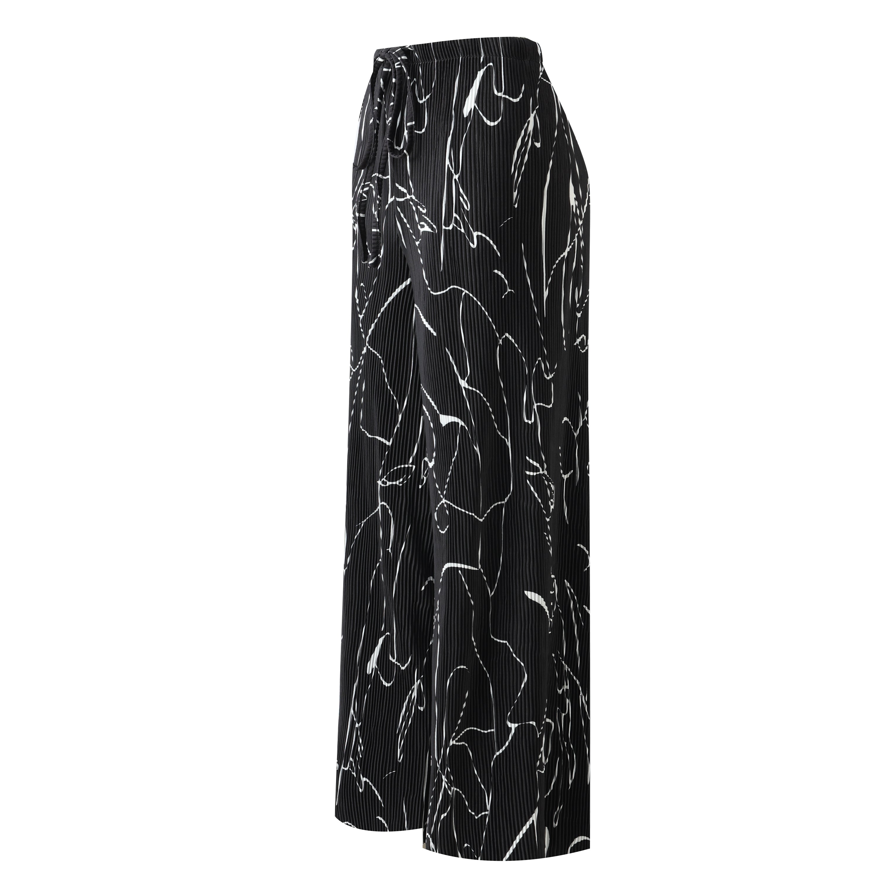 Black Line Art Abstract Print Wide-Leg Drawstring Palazzo Pleated Pants CORE(0XL-XL)