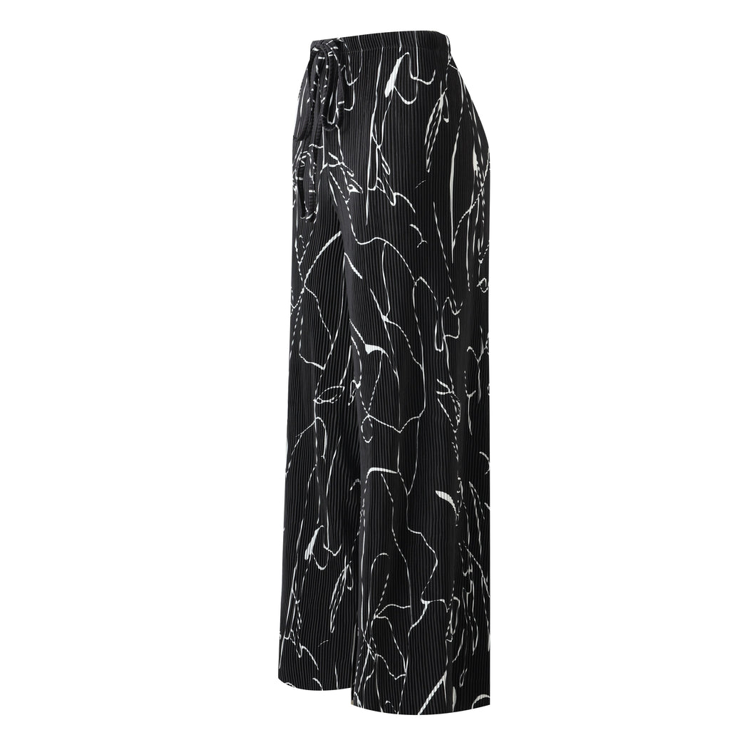 Black Line Art Abstract Print Wide-Leg Drawstring Palazzo Pleated Pants XXPLUS(6XL+)