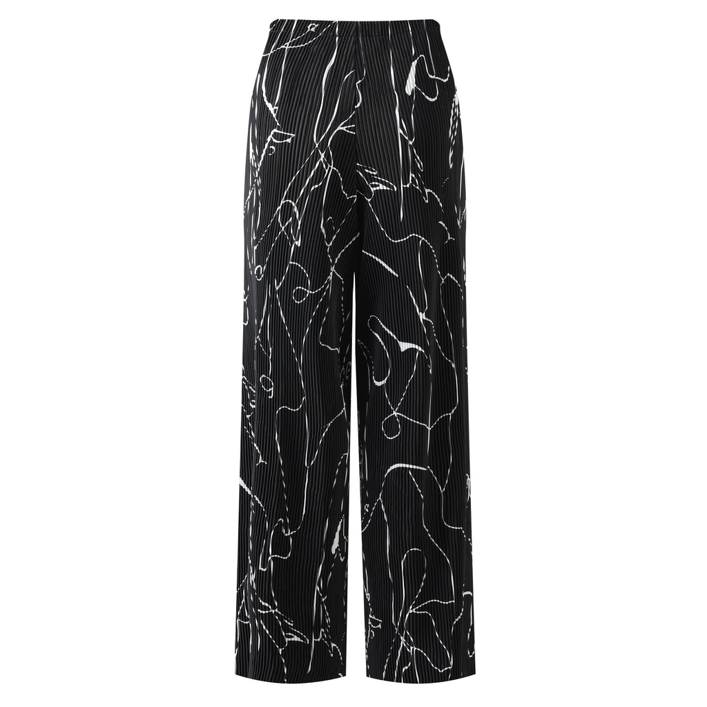 Black Line Art Abstract Print Wide-Leg Drawstring Palazzo Pleated Pants XXPLUS(6XL+)