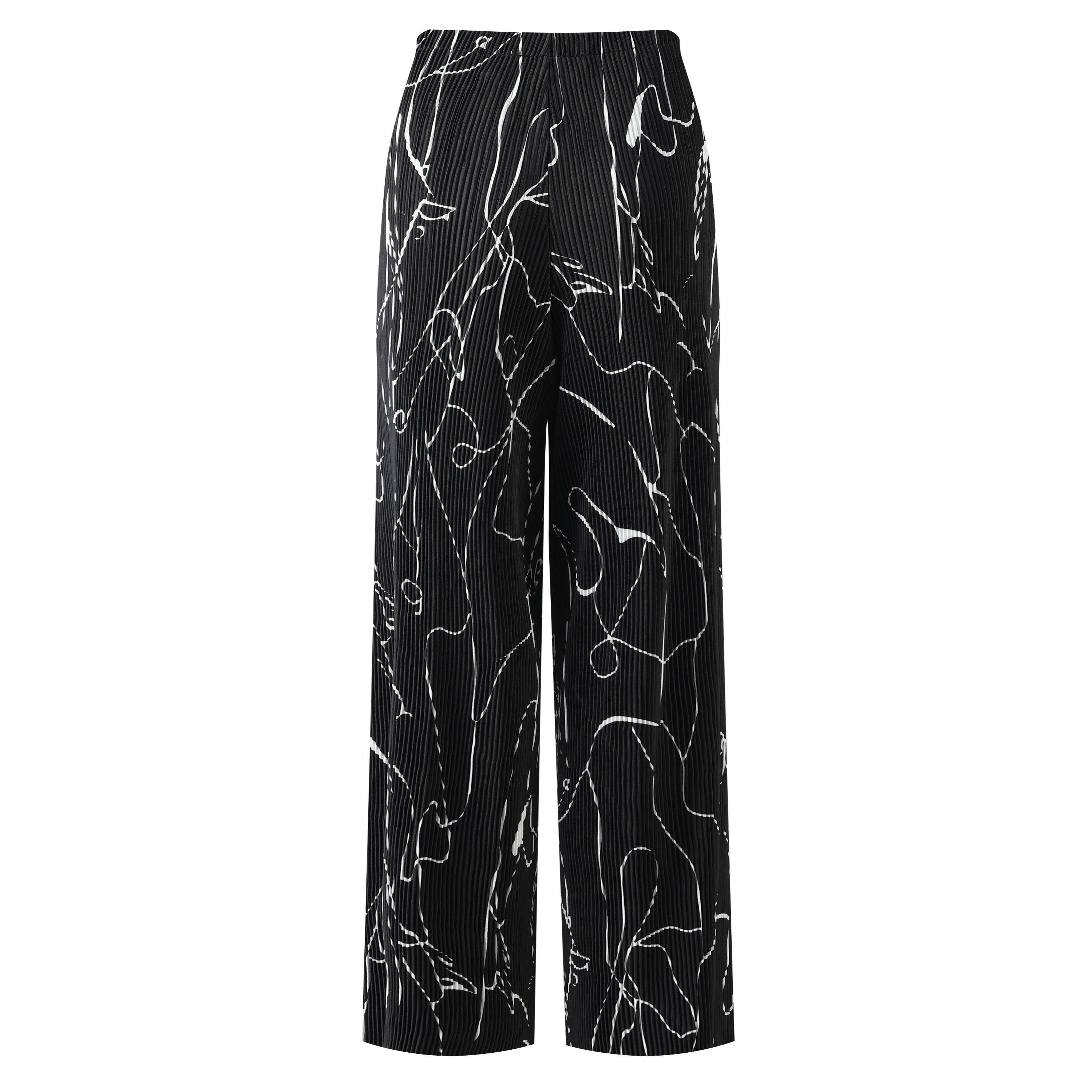 Black Line Art Abstract Print Wide-Leg Drawstring Palazzo Pleated Pants XXPLUS(6XL+)