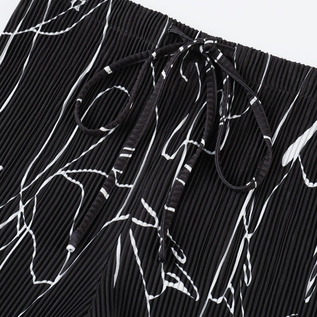 Black Line Art Abstract Print Wide-Leg Drawstring Palazzo Pleated Pants CORE(0XL-XL)
