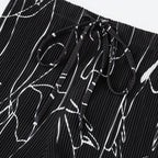 Black Line Art Abstract Print Wide-Leg Drawstring Palazzo Pleated Pants PLUS(2XL-3XL)