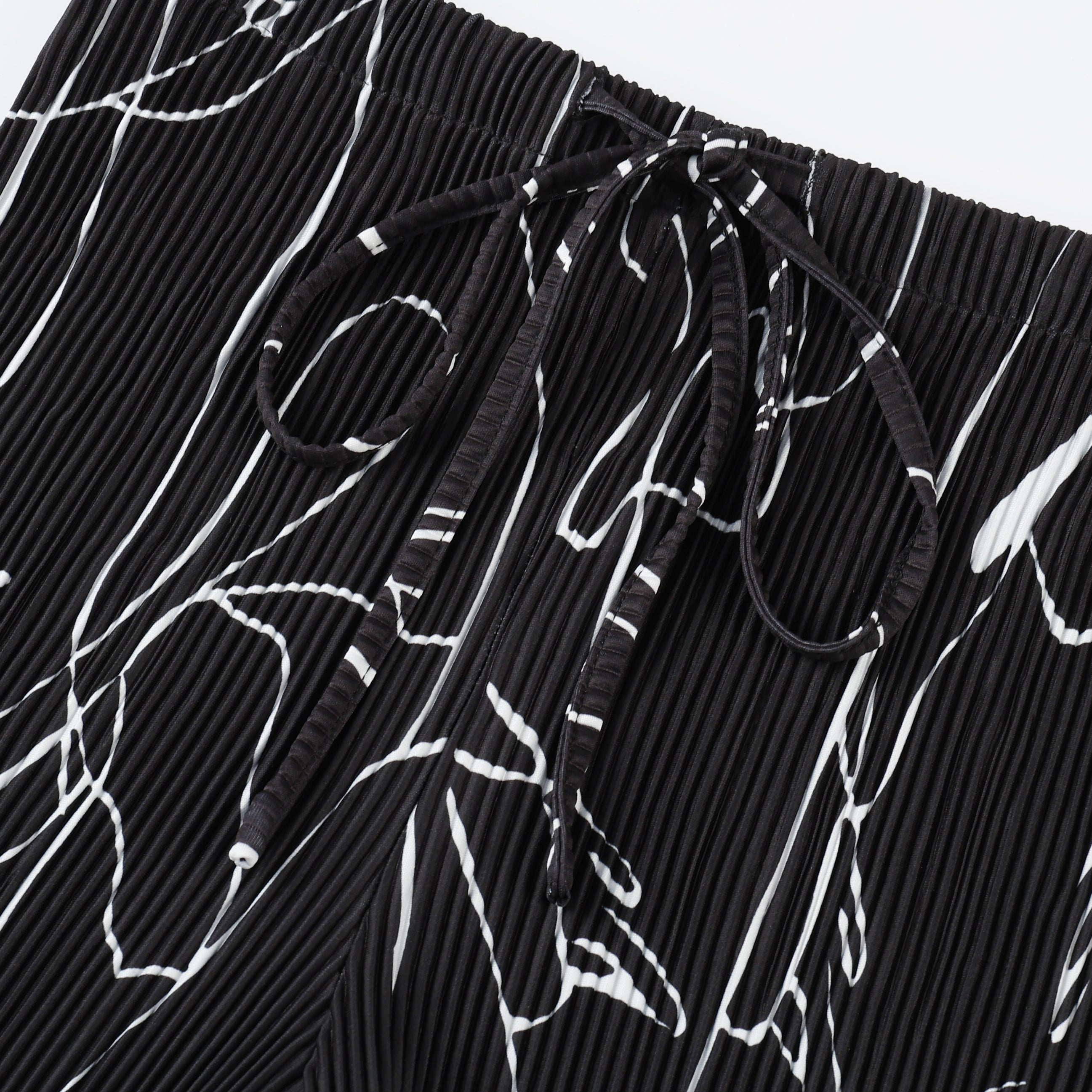 Black Line Art Abstract Print Wide-Leg Drawstring Palazzo Pleated Pants XXPLUS(6XL+)