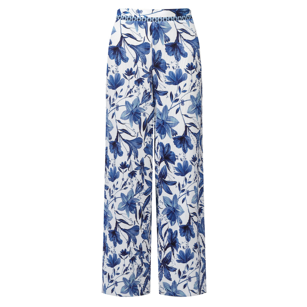 Boho Breeze Blue Floral Wide-Leg Trousers Palazzo Pants CORE(0XL-XL)