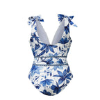 V Neck Lace Up Boho Breeze Blue Floral Swimsuit&Skirt&Pants