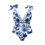 V Neck Lace Up Boho Breeze Blue Floral Swimsuit&Skirt&Pants