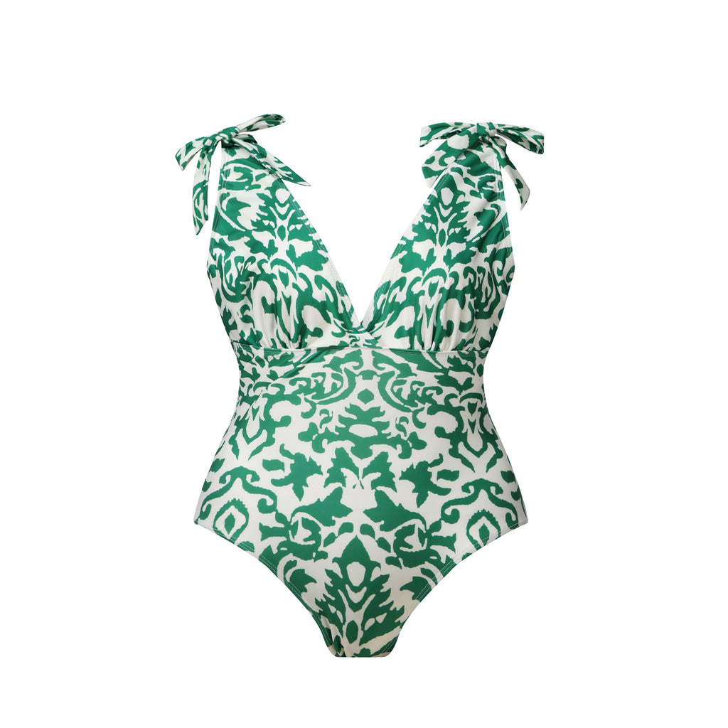 Green Boho Breeze Floral Tie-shoulder One Piece Swimsuit&Skirt