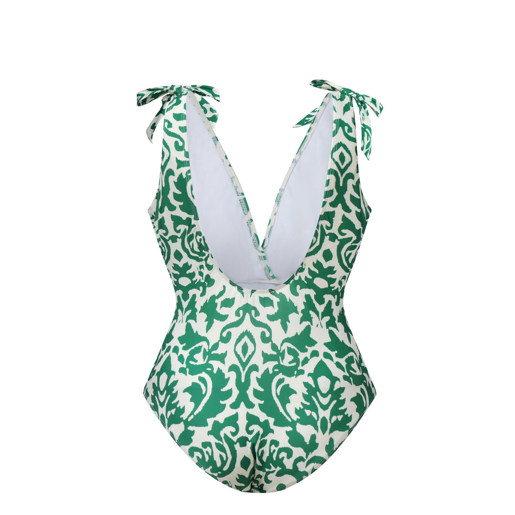 Green Boho Breeze Floral Tie-shoulder One Piece Swimsuit&Skirt