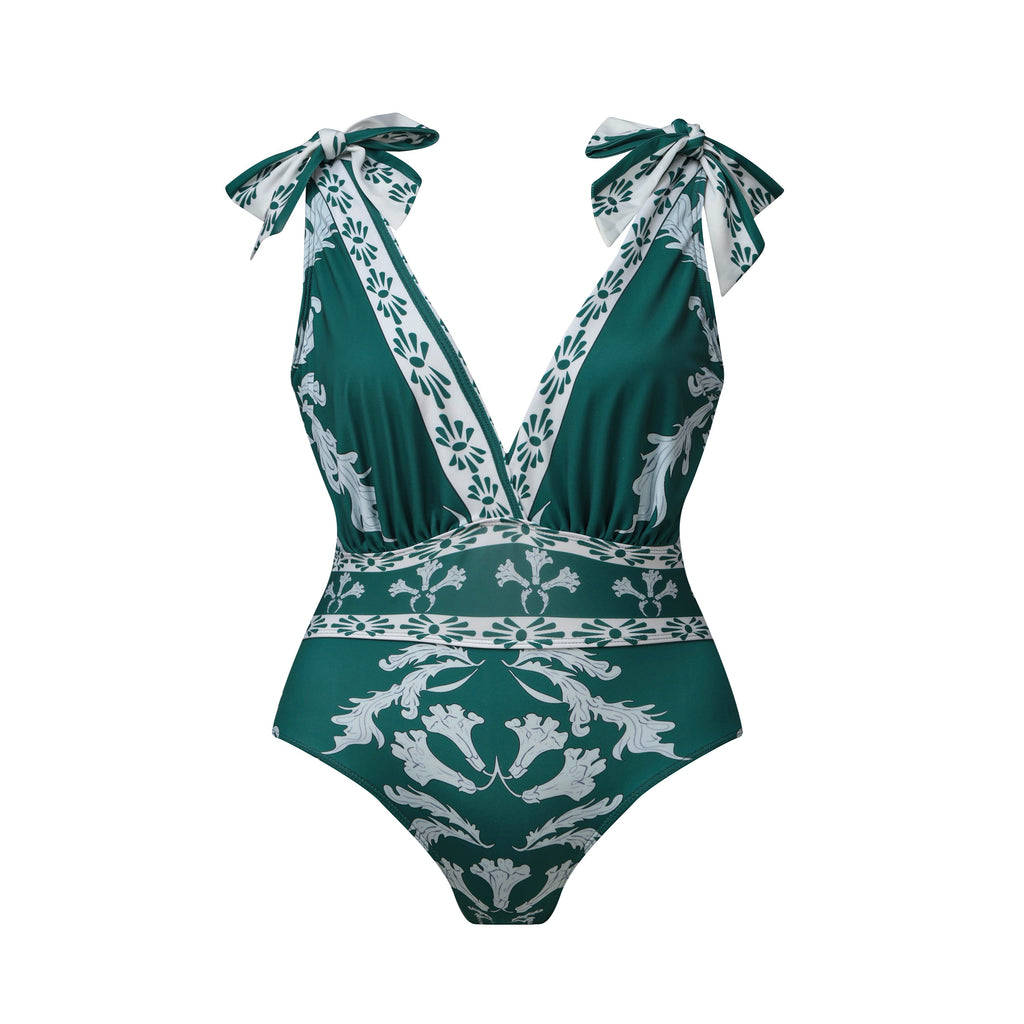 Green Flowy Floral Tie-shoulder Swimsuit&Skirt&Pants